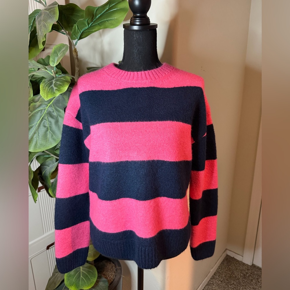 Anthropologie Sweater | English Factory Pink and Navy Crewneck Sweater